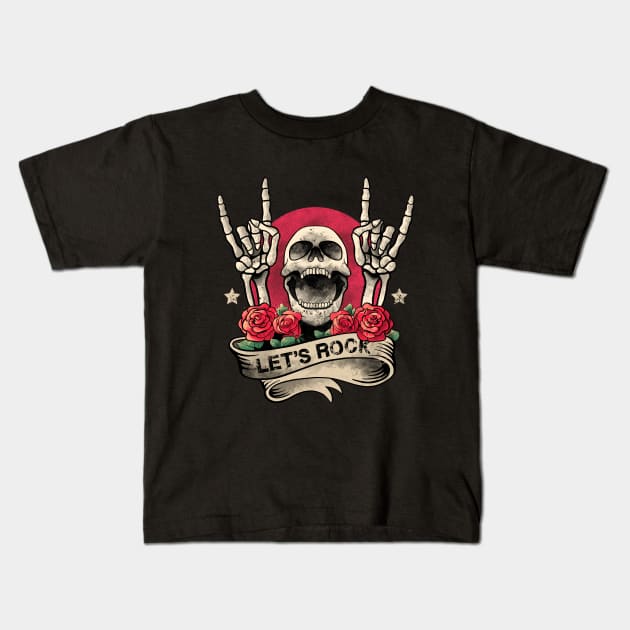 Lets Rock Rock&Roll Skeleton Hand Vintage Retro Rock Concert Kids T-Shirt by MerchBeastStudio